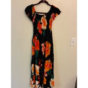 MRT 1030 Womens Hibiscus Floral Smocked Maxi Dress XL Black Orange Tropical Boho